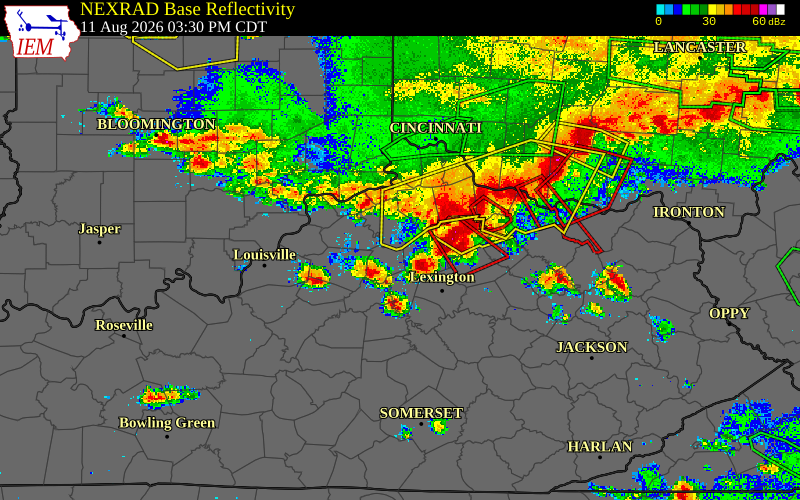 Radar snapshot during the Aug 11, 2026 wind event near Fayette County, Fayette County, Kentucky, with NWS warning polygons