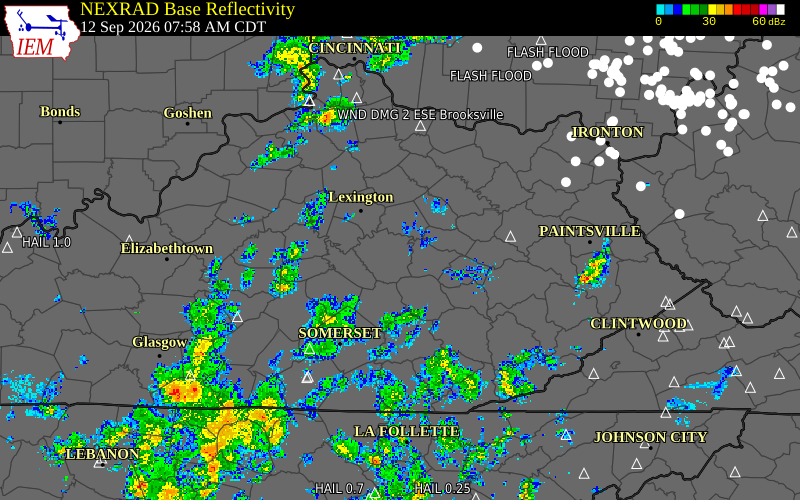 Current NEXRAD radar over Fayette County, Kentucky with recent storm report locations