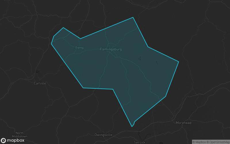 Map of Fleming County, Kentucky showing the county boundary and surrounding cities