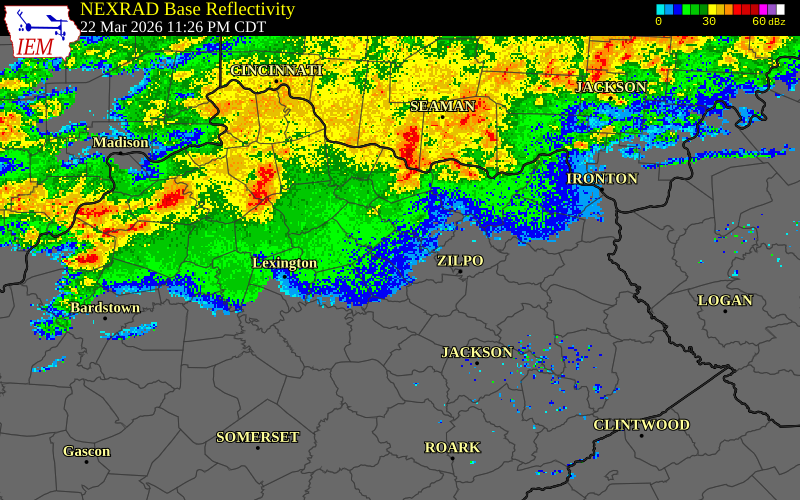 NEXRAD radar during the Monday, March 23, 2026 storm activity in Fleming County, Kentucky