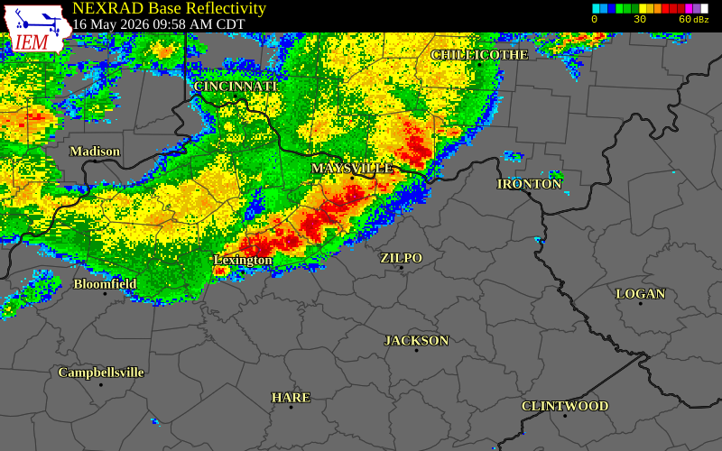NEXRAD radar during the Saturday, May 16, 2026 storm activity in Fleming County, Kentucky