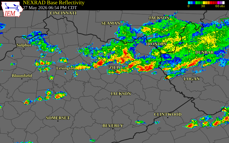 NEXRAD radar during the Wednesday, May 27, 2026 storm activity in Fleming County, Kentucky