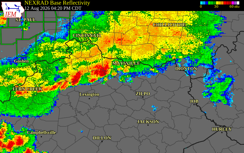 NEXRAD radar during the Wednesday, August 12, 2026 storm activity in Fleming County, Kentucky