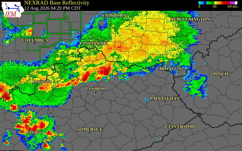 Radar snapshot during the Aug 12, 2026 wind event near Fleming County, Fleming County, Kentucky, with NWS warning polygons