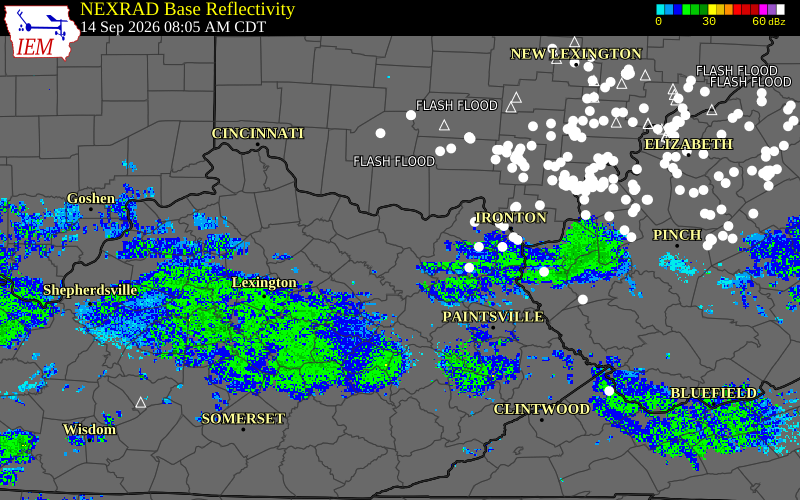 Current NEXRAD radar over Fleming County, Kentucky with recent storm report locations