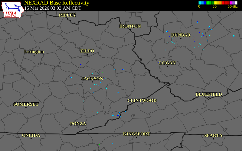 NEXRAD radar during the Sunday, March 15, 2026 storm activity in Floyd County, Kentucky