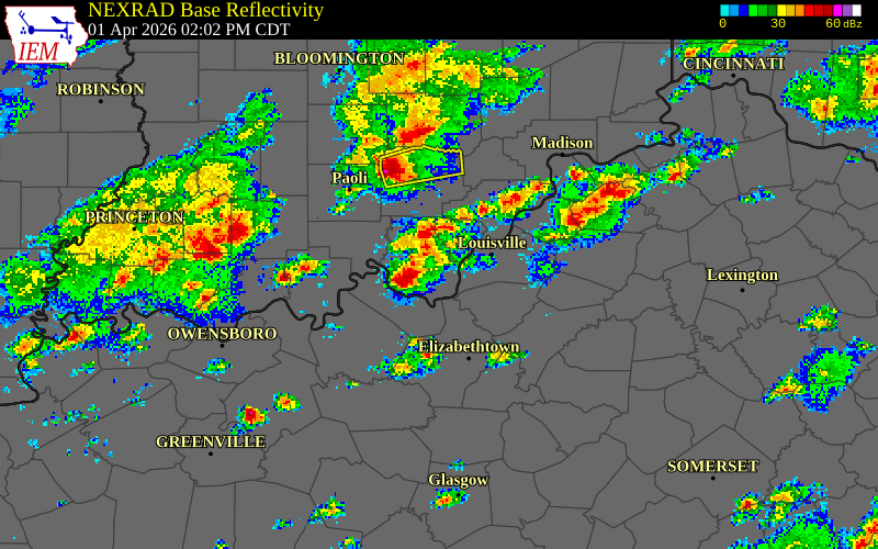 NEXRAD radar during the Wednesday, April 1, 2026 storm activity in Floyd County, Kentucky