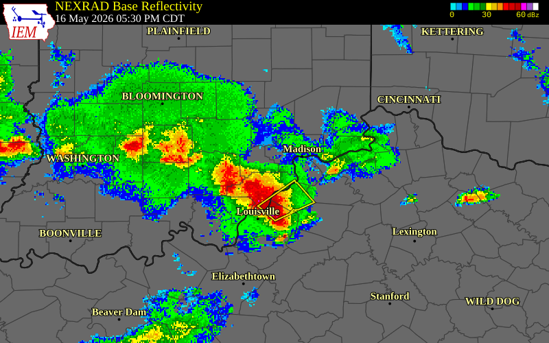 NEXRAD radar during the Saturday, May 16, 2026 storm activity in Floyd County, Kentucky