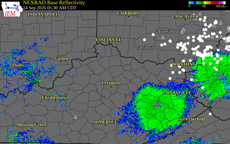 Current NEXRAD radar over Franklin County, Kentucky with recent storm report locations