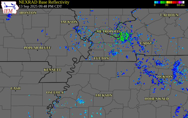 NEXRAD radar during the Saturday, September 13, 2025 storm activity in Fulton County, Kentucky