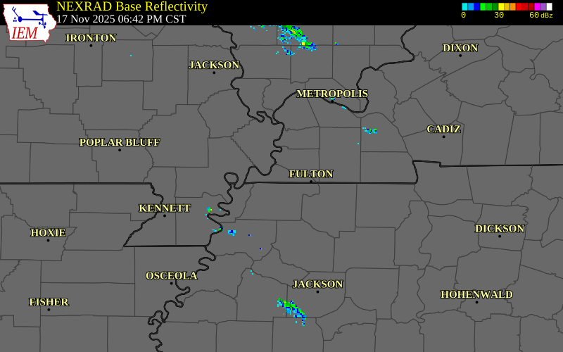NEXRAD radar during the Monday, November 17, 2025 storm activity in Fulton County, Kentucky