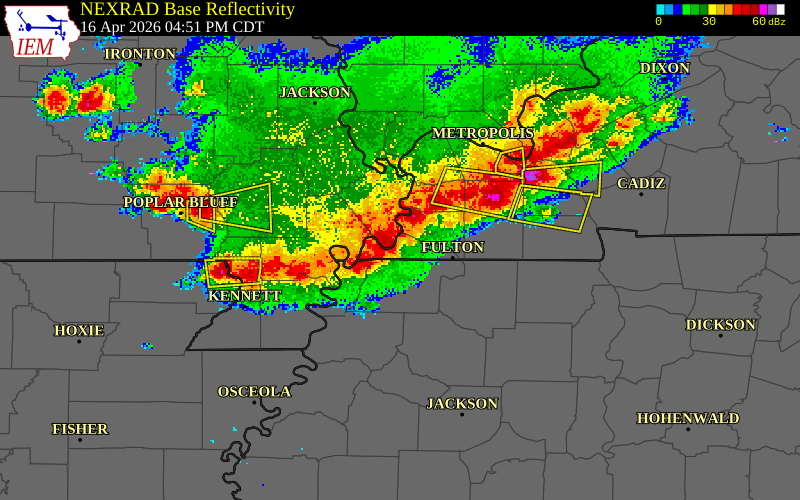 NEXRAD radar during the Thursday, April 16, 2026 storm activity in Fulton County, Kentucky