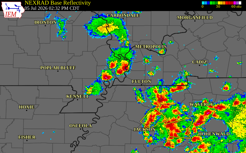 NEXRAD radar during the Sunday, July 5, 2026 storm activity in Fulton County, Kentucky
