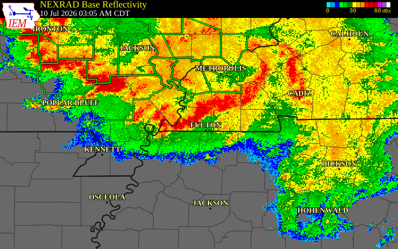 NEXRAD radar during the Friday, July 10, 2026 storm activity in Fulton County, Kentucky
