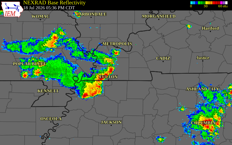 NEXRAD radar during the Saturday, July 18, 2026 storm activity in Fulton County, Kentucky
