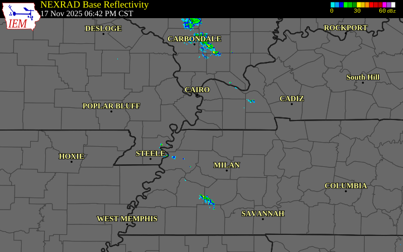Radar snapshot during the Nov 17, 2025 tornado event near 4 E Hickman, Fulton County, Kentucky, with NWS warning polygons