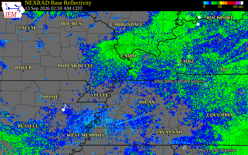 Current NEXRAD radar over Fulton County, Kentucky with recent storm report locations
