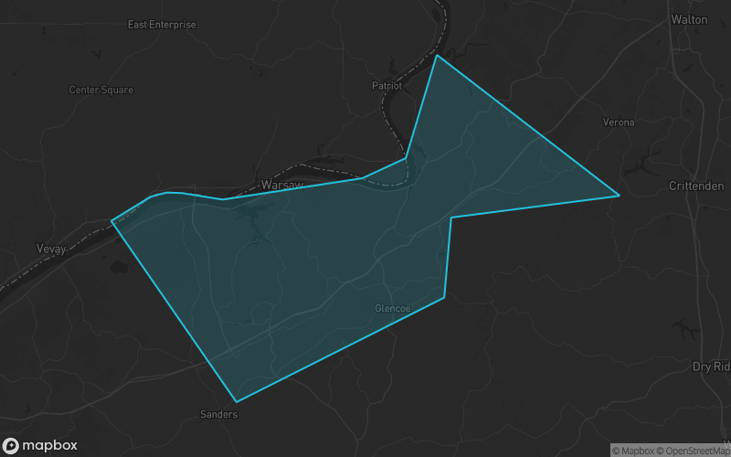Map of Gallatin County, Kentucky showing the county boundary and surrounding cities