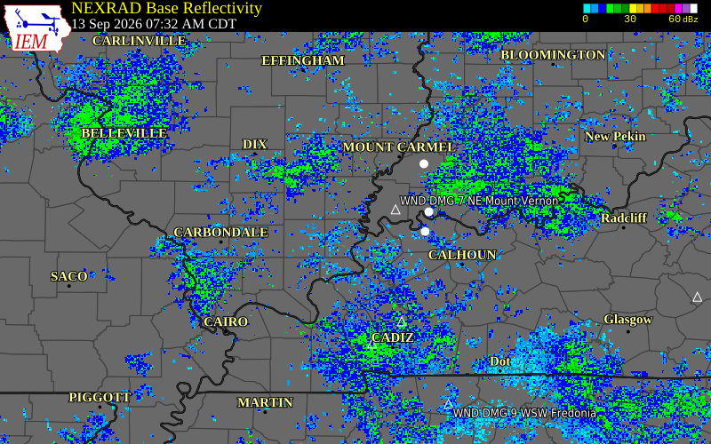 Current NEXRAD radar over Gallatin County, Kentucky with recent storm report locations