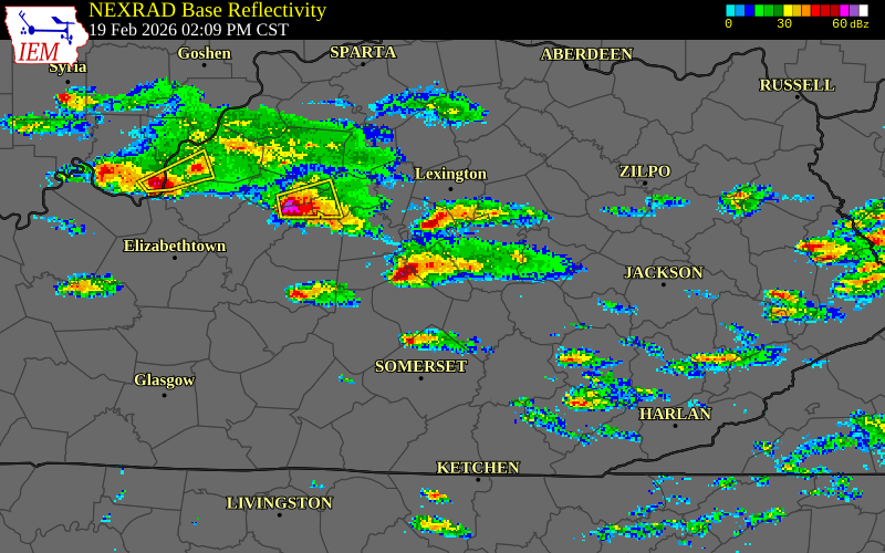 NEXRAD radar during the Thursday, February 19, 2026 storm activity in Garrard County, Kentucky