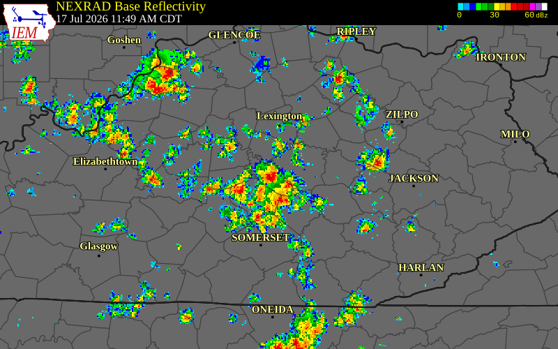 NEXRAD radar during the Friday, July 17, 2026 storm activity in Garrard County, Kentucky