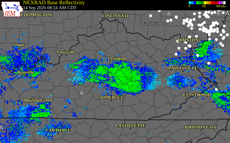Current NEXRAD radar over Garrard County, Kentucky with recent storm report locations