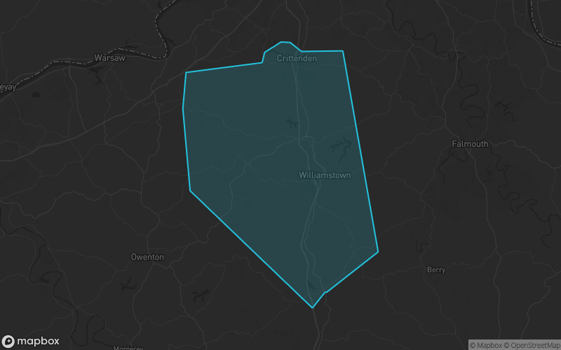 Map of Grant County, Kentucky showing the county boundary and surrounding cities