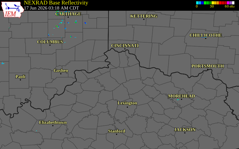 NEXRAD radar during the Wednesday, June 17, 2026 storm activity in Grant County, Kentucky