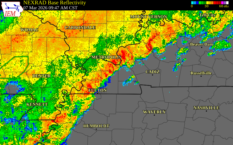 NEXRAD radar during the Saturday, March 7, 2026 storm activity in Graves County, Kentucky