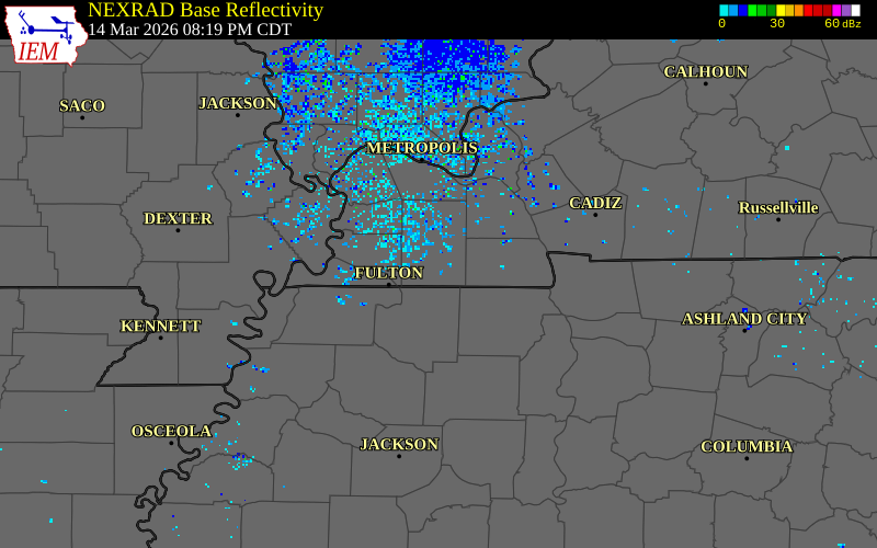 NEXRAD radar during the Saturday, March 14, 2026 storm activity in Graves County, Kentucky