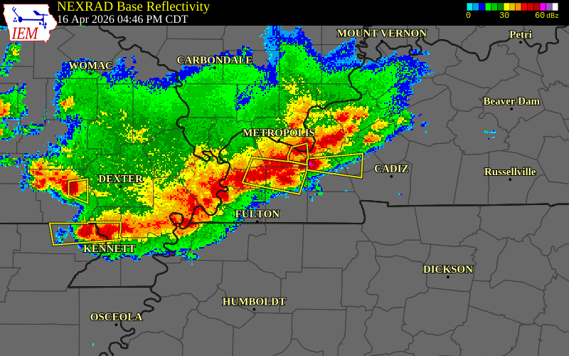 NEXRAD radar during the Thursday, April 16, 2026 storm activity in Graves County, Kentucky