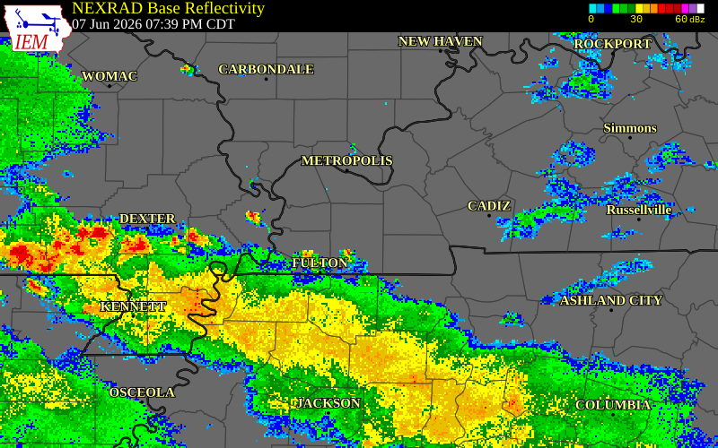 NEXRAD radar during the Sunday, June 7, 2026 storm activity in Graves County, Kentucky