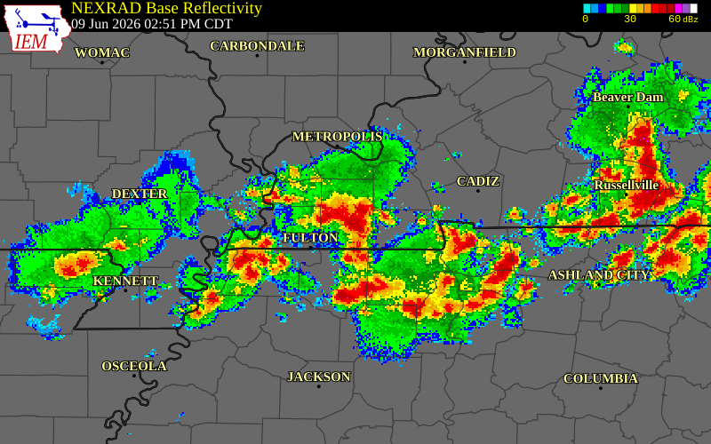 NEXRAD radar during the Tuesday, June 9, 2026 storm activity in Graves County, Kentucky