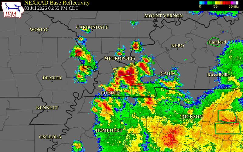 NEXRAD radar during the Friday, July 3, 2026 storm activity in Graves County, Kentucky