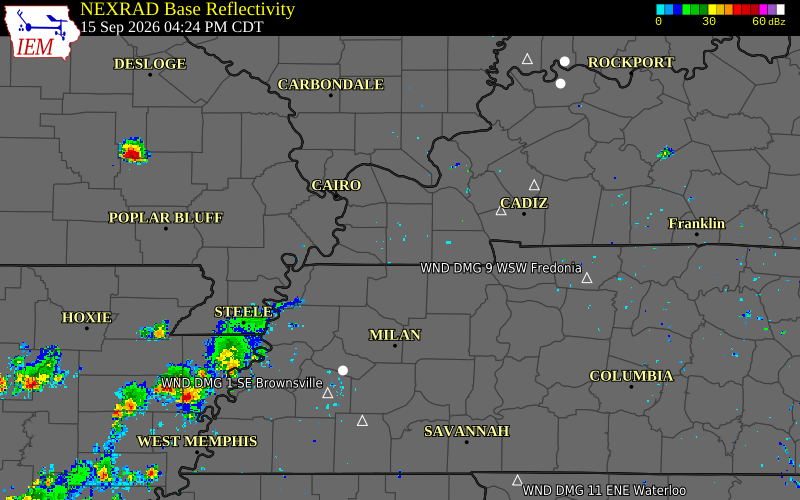 Current NEXRAD radar over Graves County, Kentucky with recent storm report locations