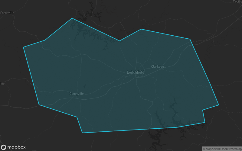 Map of Grayson County, Kentucky showing the county boundary and surrounding cities