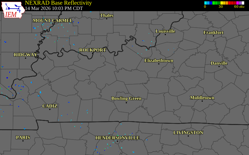 NEXRAD radar during the Saturday, March 14, 2026 storm activity in Grayson County, Kentucky