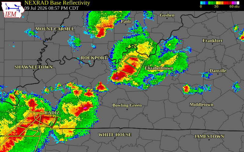 NEXRAD radar during the Thursday, July 9, 2026 storm activity in Grayson County, Kentucky
