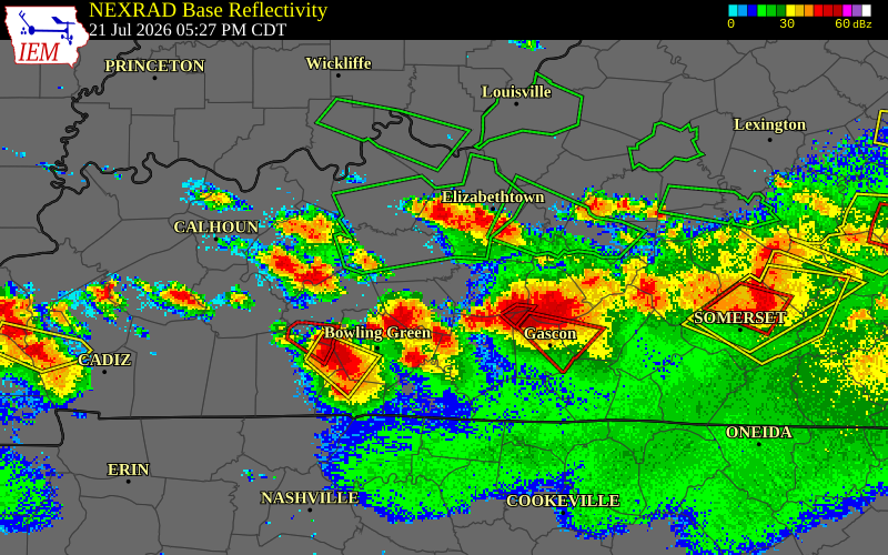 NEXRAD radar during the Tuesday, July 21, 2026 storm activity in Grayson County, Kentucky