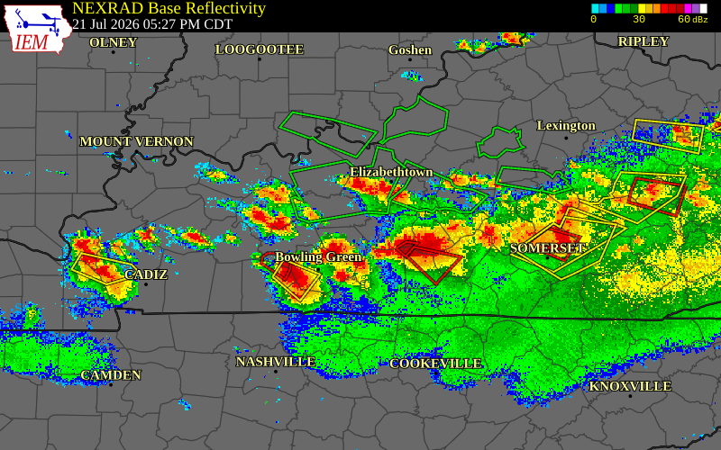 Radar snapshot during the Jul 21, 2026 tornado event near 1 ESE Wax, Grayson County, Kentucky, with NWS warning polygons