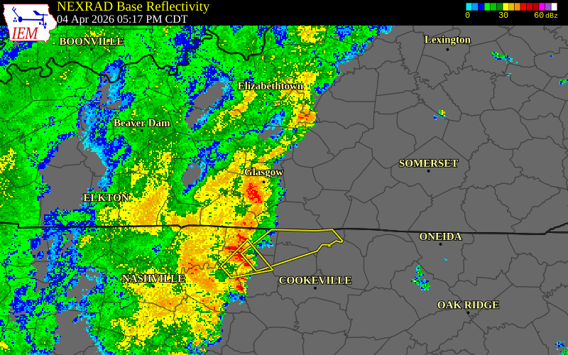 NEXRAD radar during the Saturday, April 4, 2026 storm activity in Green County, Kentucky
