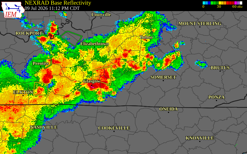 NEXRAD radar during the Friday, July 10, 2026 storm activity in Green County, Kentucky