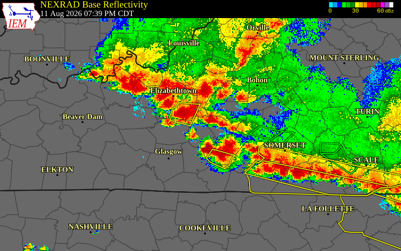 NEXRAD radar during the Tuesday, August 11, 2026 storm activity in Green County, Kentucky