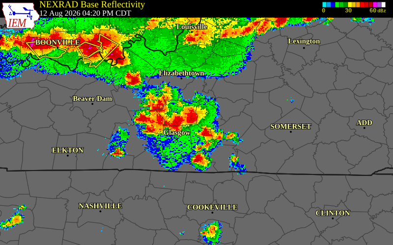 NEXRAD radar during the Wednesday, August 12, 2026 storm activity in Green County, Kentucky