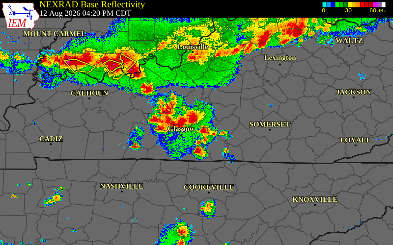 Radar snapshot during the Aug 12, 2026 wind event near Green County, Green County, Kentucky, with NWS warning polygons