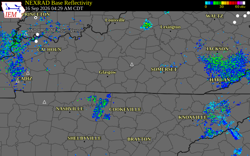 Current NEXRAD radar over Green County, Kentucky with recent storm report locations