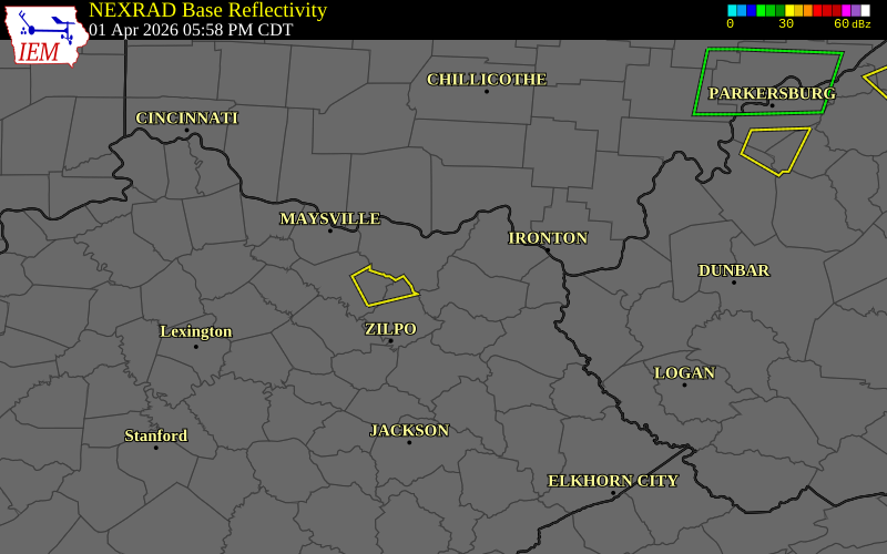 NEXRAD radar during the Wednesday, April 1, 2026 storm activity in Greenup County, Kentucky