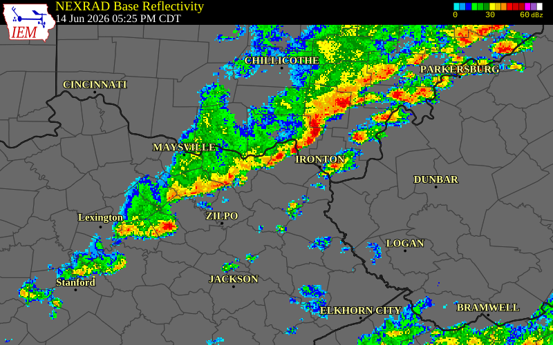 NEXRAD radar during the Sunday, June 14, 2026 storm activity in Greenup County, Kentucky