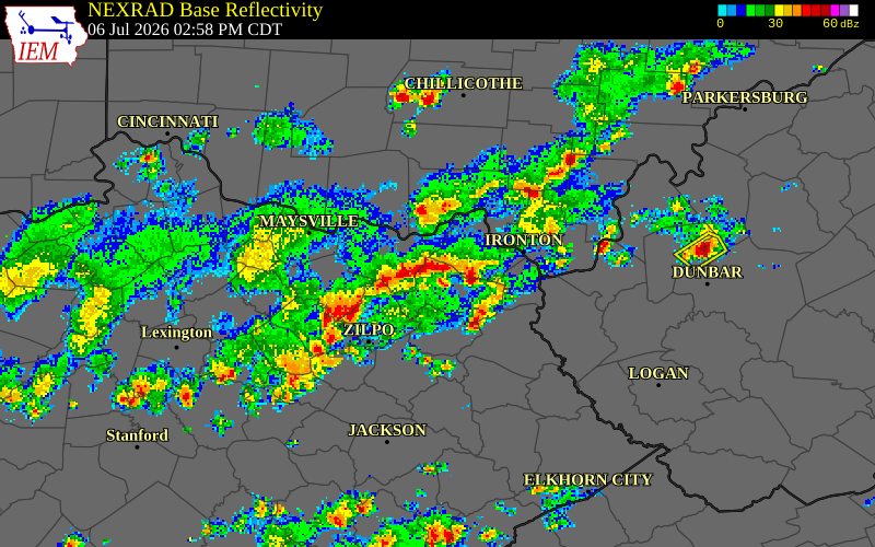 NEXRAD radar during the Monday, July 6, 2026 storm activity in Greenup County, Kentucky