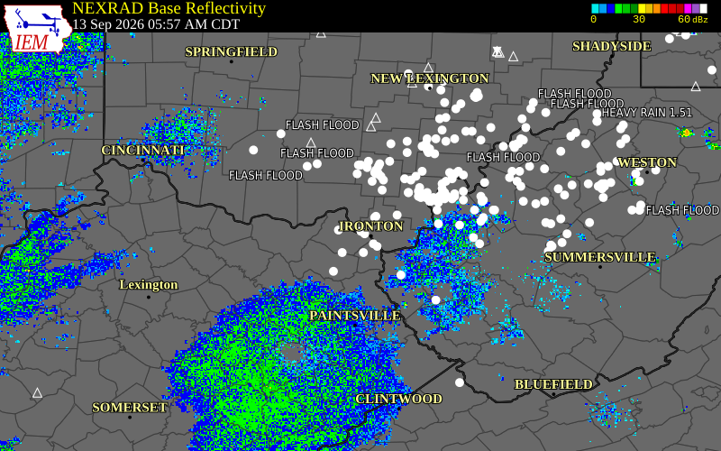 Current NEXRAD radar over Greenup County, Kentucky with recent storm report locations